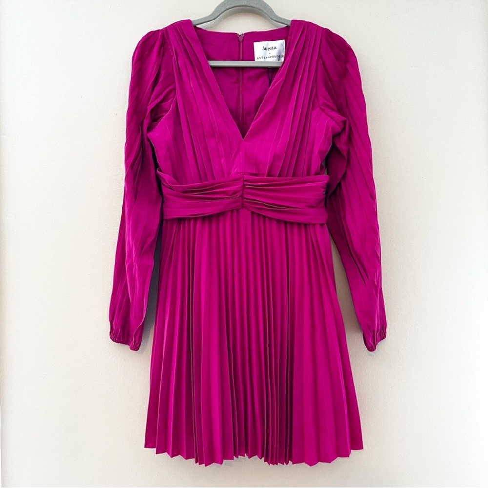 Anthropologie Aureta Pleated Long-Sleeve V Neck Midi Dress Raspberry Sz S NEW - Picture 5 of 11